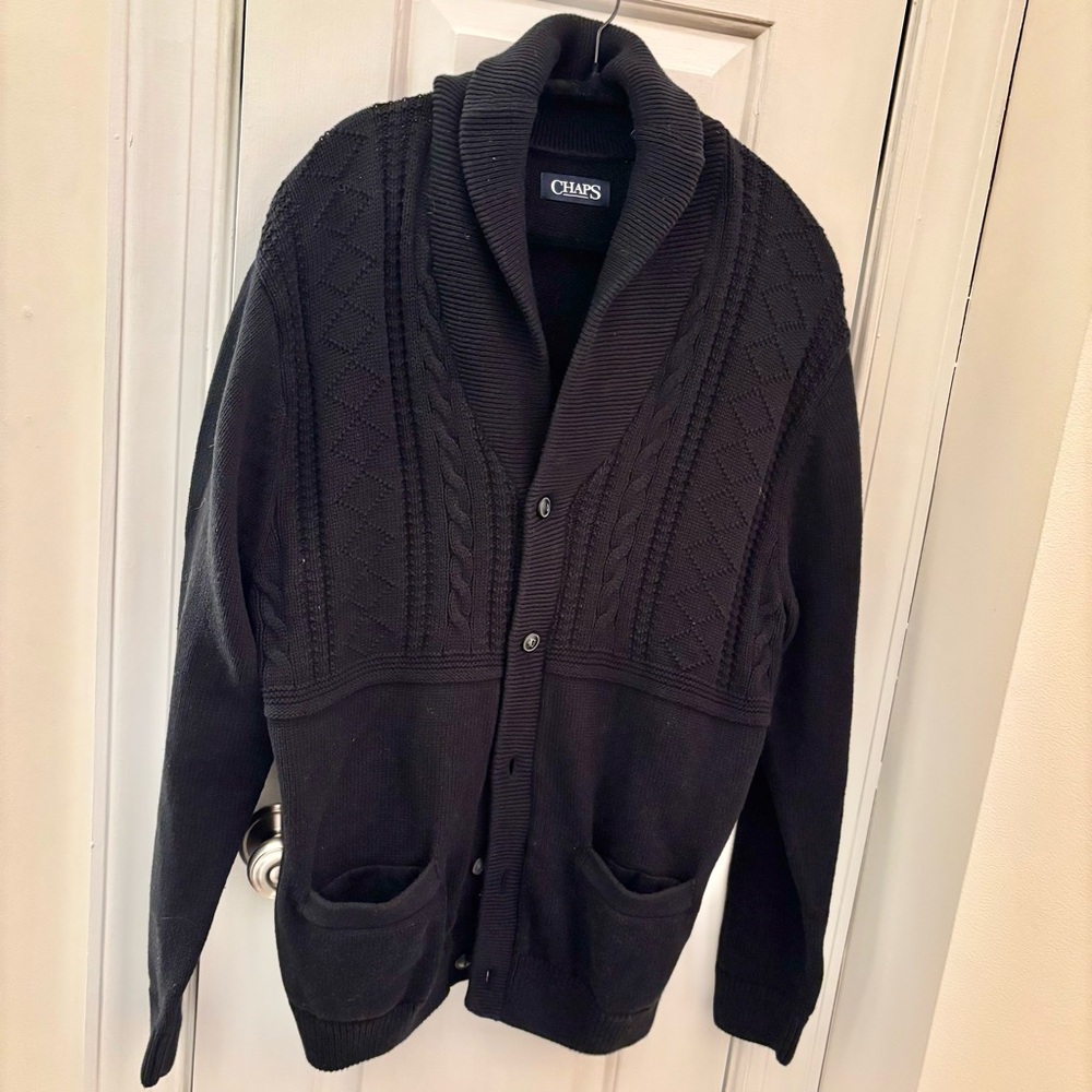 Chaps Black 100% Cotton Men's Chunky Knit Cardigan Sweater Shawl Collar Size L